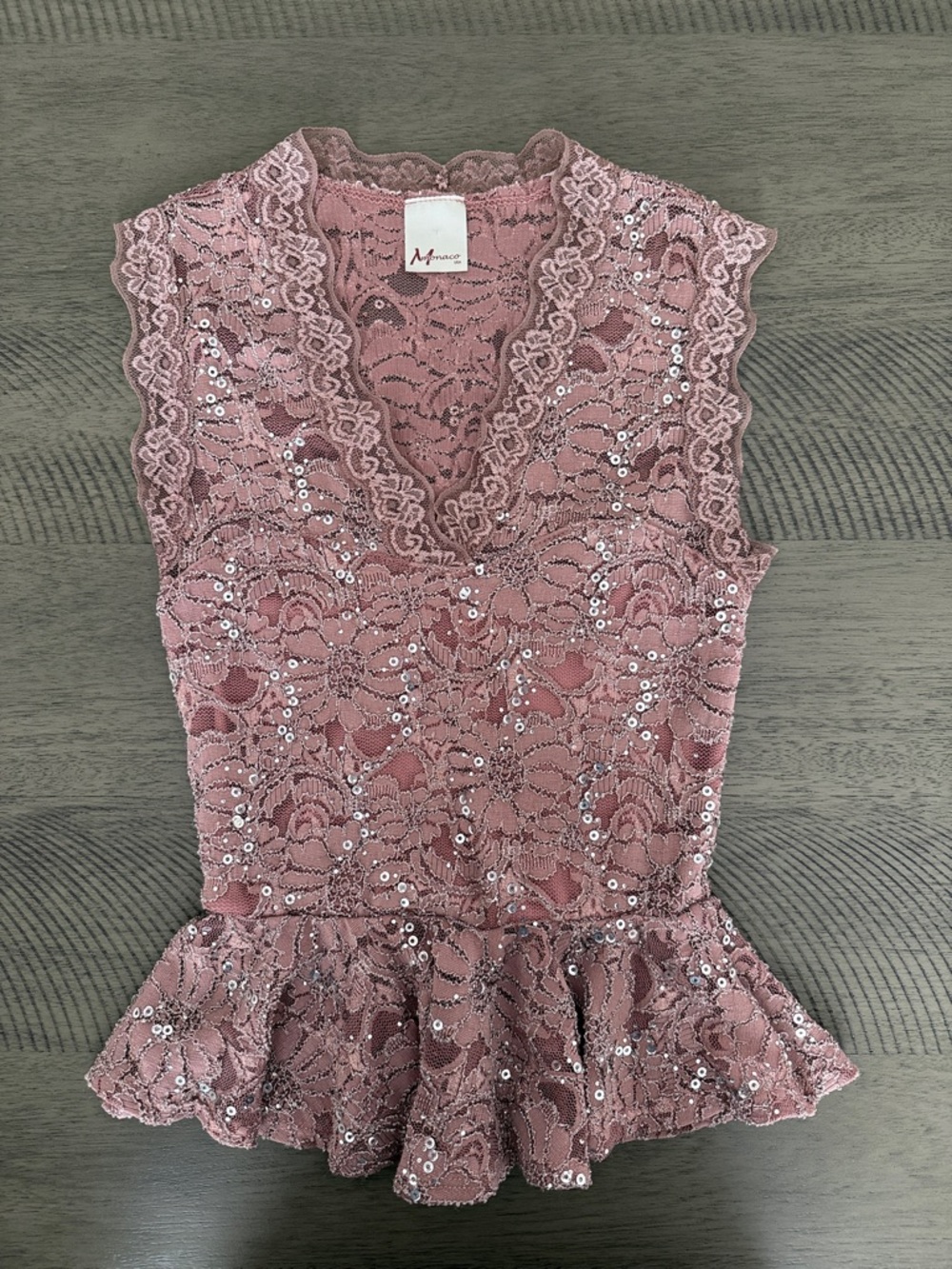 Sequined Lace Peplum Top in Dusty Rose
